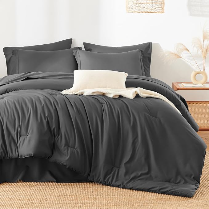 HIMEET Oversized King Comforter Sets, 7-Piece Point-Quilted, Dark Grey | OEKO-TEX Certified, Lightweight 240 GSM Comforter, Flat Sheet, 14-Inch Deep-Pocket Fitted Sheet, Pillowcases & Shams