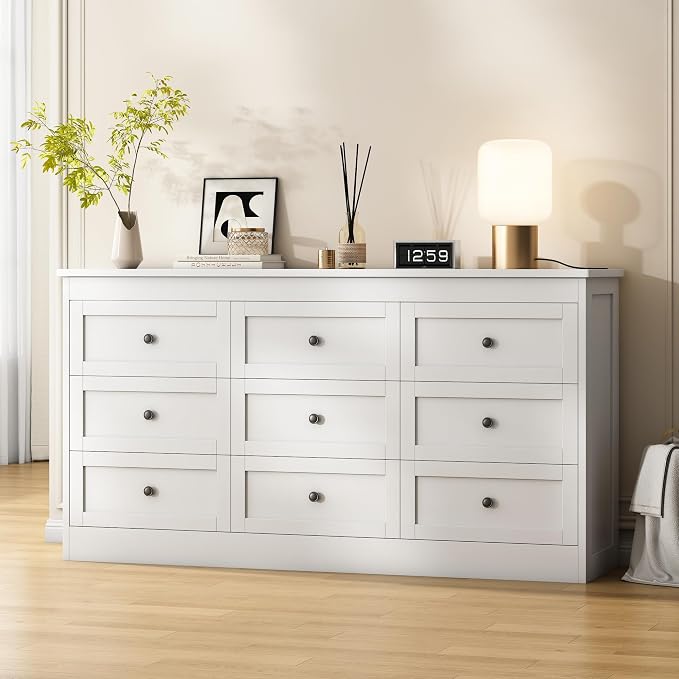 wanan 9 Drawer Dresser for Bedroom, White Modern 59'' Wide Wood Chest of Drawers, Dresser TV Stand, Storage Organizer with Metal Handles for Living Room, Hallway, Entryway