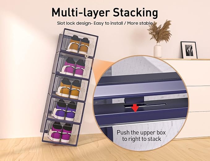Kuject X-Large Shoe Storage Boxes 12 Pack, Clear Stackable Shoe Organizer | Shoe Case for Closet, Entryway & Under-Bed Storage, Drop-Front Design, Space-Saving Solution for Family Organization,Blue