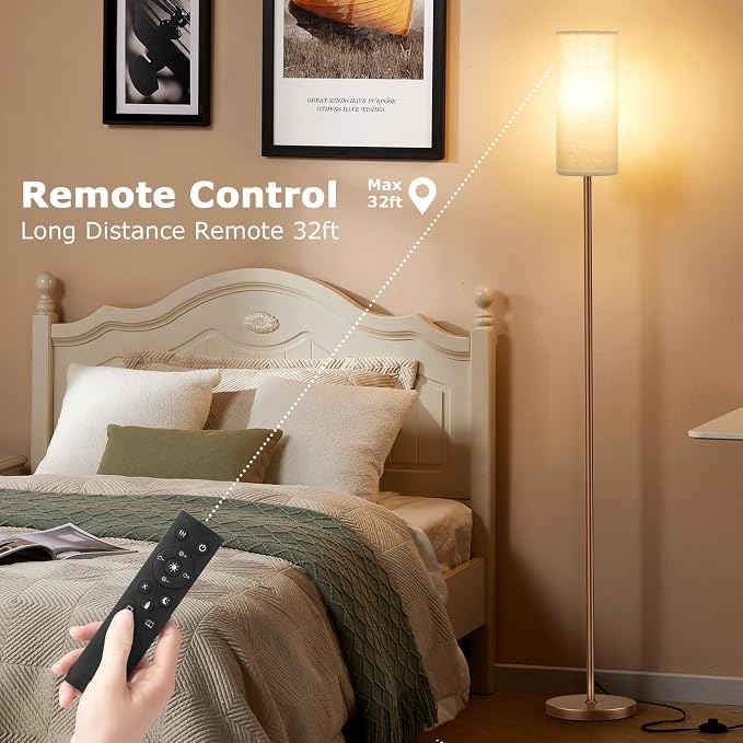 64'' Floor Lamps for Living Room with Remote Control and Stepless Dimmable Colors Temperature & Brightness, 9W Bulb Included(Beige Lampshade & Brown Pole)