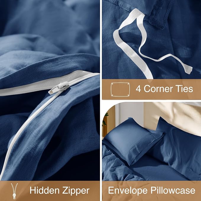 SONORO KATE 100% French Linen Queen Duvet Cover Set,Zipper Closure,3PC | Natural French Flax,Soft Breathable for Hot Sleepers,Moisture Wicking & Durable,4 Corner Ties,Navy Blue