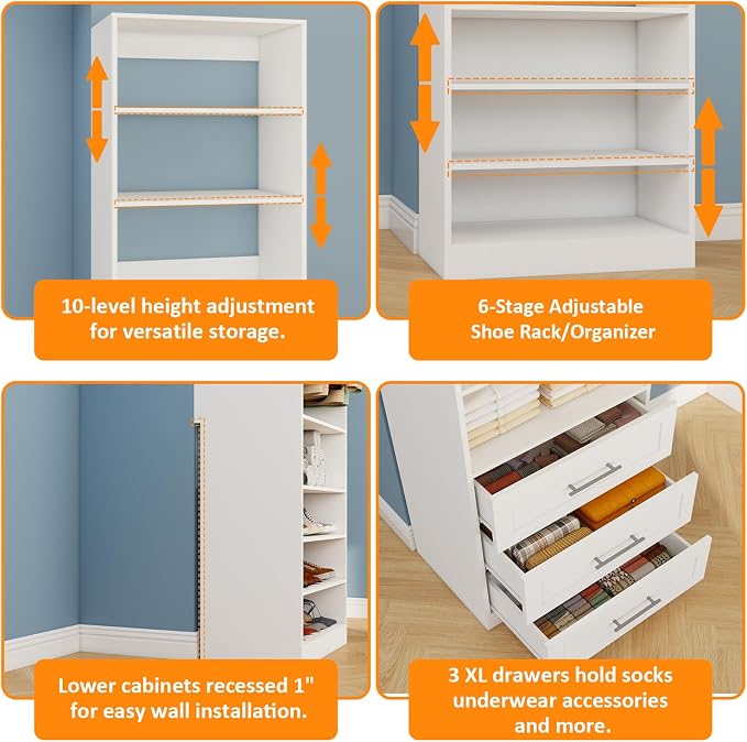 Closet System with 3 Sets, 6–15 FT Closet Organizer System with 6 Drawers, 9 Shelves & 5 Rods, Walk-In Modular Closet System, Custom Built-In Closet Kit, White