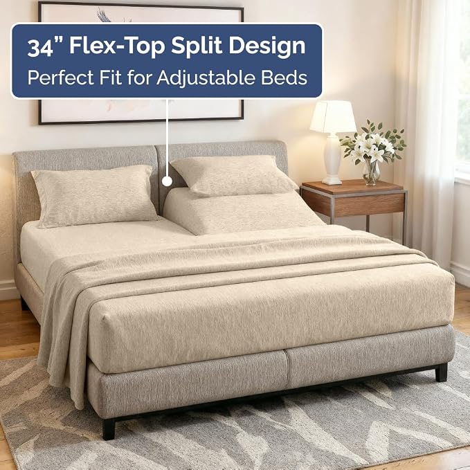 Flex Top Split Head King 4 Piece Sheet Set - Ultra-Soft - Heathered Beige | Cooling Bed Sheets Set, Hotel Luxury Bedding for Women & Men with Deep Pockets, Wrinkle Free & Fade Resistant, Oeko-Tex