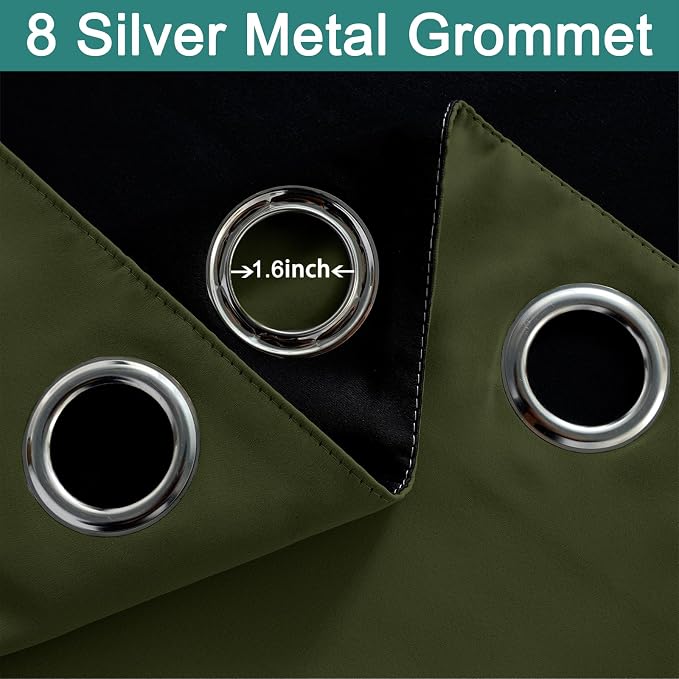 Yakamok Olive Green 100% Blackout Curtains 84 Inches Long 52" Wide 2 Panels | Blackout Curtain Panels for Bedroom, 2 Thick Layers Grommet Top Thermal Insulated Drapes with Black Liner for Living Room