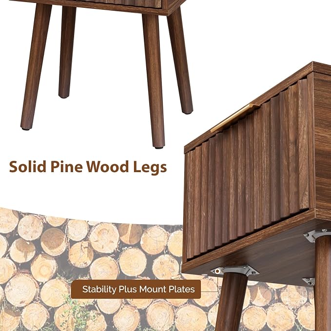 VINGLI Night Stand Set 2, Fluted Nightstands with Drawer, Mid Century Modern Nightstands Set of 2, Bedside Table, End Table, Wood Nightstand for Bedroom, Walnut, 15.75" W*11.81" D*21.85" H