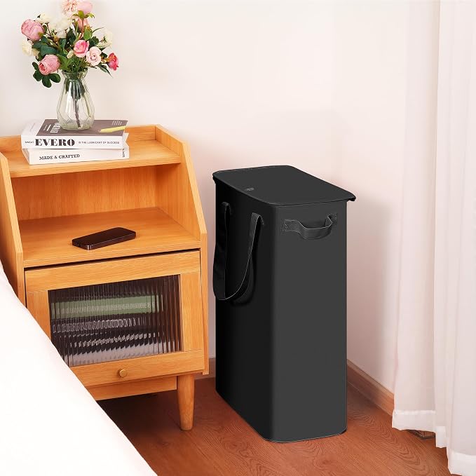 efluky Slim Laundry Basket with Lid, Narrow Laundry Hamper with Handles, Collapsible Dirty Clothes Hamper, Tall Laundry Bin for Laundry Room, Dorm and Bedroom, 55L Black