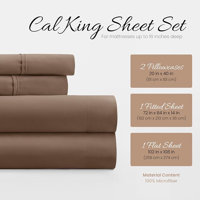 Linen Market Bed Sheets for California King Size Bed (Taupe) - Sleep Better Than Ever with These Soft and Cooling California King Sheets - Deep Pocket Fits 16" Thick Beds - 4 Piece Cal King Sheet Set