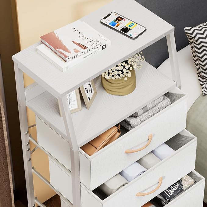 Furnulem White Tall Dresser for Bedroom, 5 Fabric Bins Tall Nightstand | Dorm Dresser, Vertical Storage for Closet, Chest of Drawer for Entryway, Nightstand Bedside Table, Metal Frame,Wood Top
