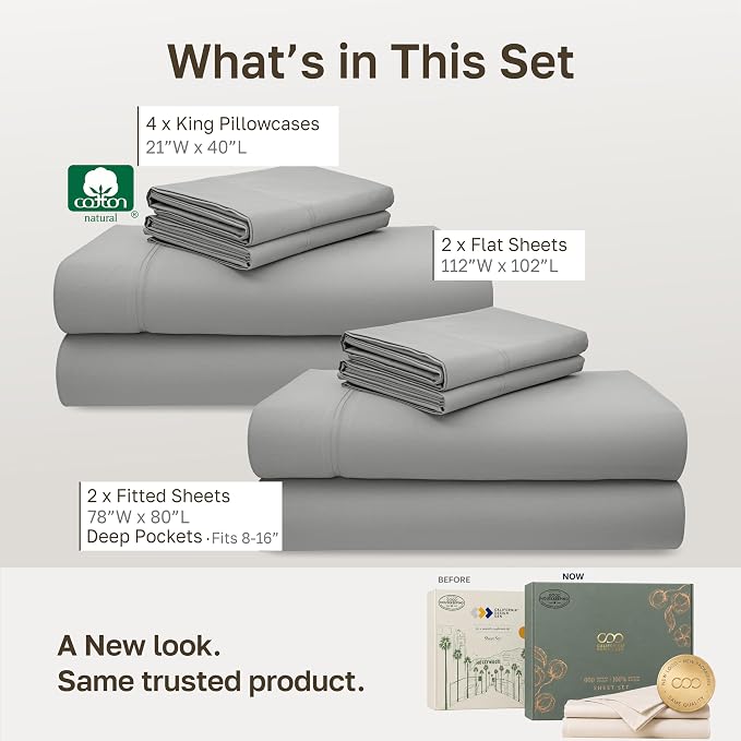 California Design Den 2 Pack 600 Thread Count King Size Sheets, Light Grey | 100% Cotton Sateen Backed by Good Housekeeping Seal, Soft & Smooth, 16" Deep Pocket Sets, All-Around Elastic, Easy Care