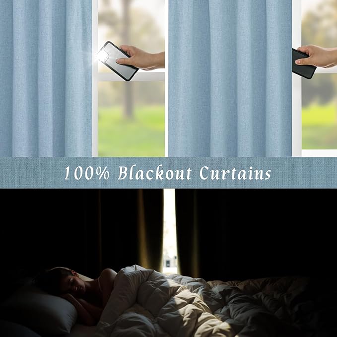 100% Blackout Linen Curtains 63 Inches Long for Bedroom, 60 x 63 Inch | Stone Blue, Living Room, Farmhouse Curtains, Full Room Darkening, Rod Pocket Back Tab Drapes, with White Liner, 2 Panels