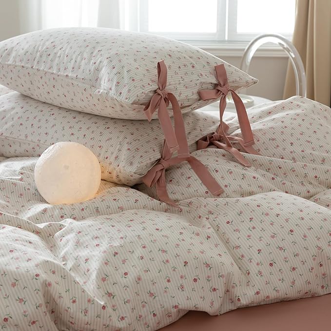mixinni White Flower Pattern Duvet Cover Full Pink Floral Stripes Duvet Cover Set 100% Cotton Bedding Set with Zipper Ties Bow Tie Pillowcases, Easy Care, Ultra Soft and Breathable-Full Size