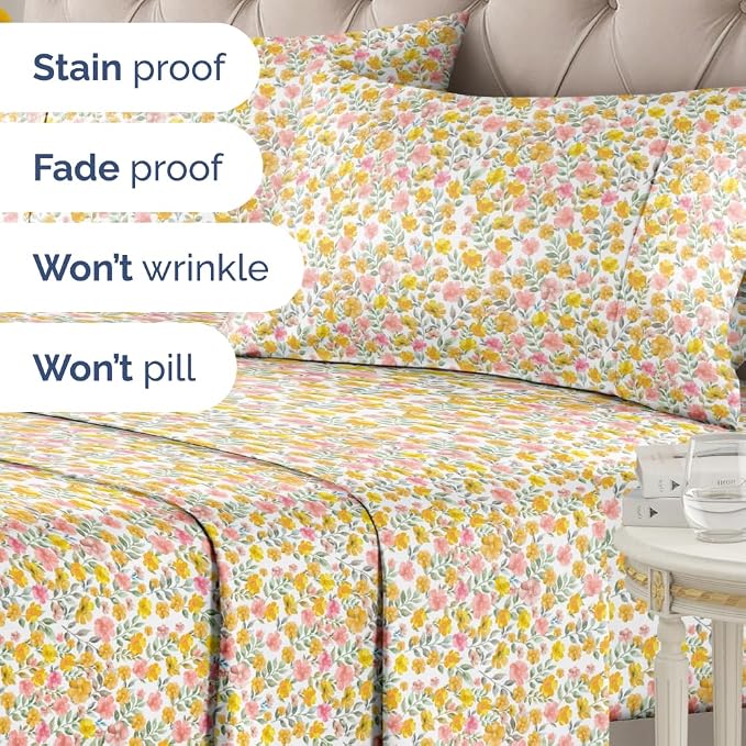 King 4 Piece Floral Sheet Set - Breathable & Cooling - Sun Kissed Bloom | 1 Flat, 1 Fitted & 2 Pillowcases w/ Deep Pockets, Boho Botanical Floral Bedding, Breathable & Cooling, Wrinkle & Fade Free
