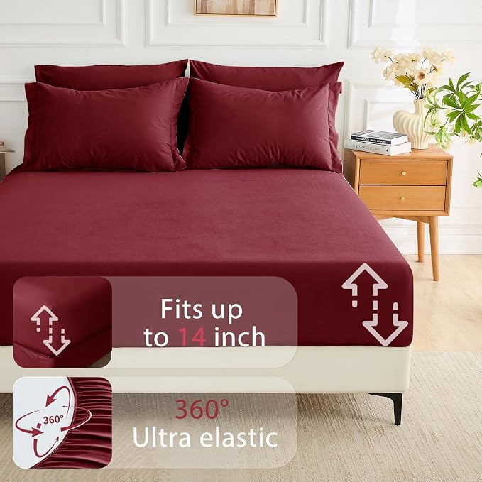 7 Pieces King Comforter Set, Soft Bed in a Bag King Size, All Season Bedding Set with Comforter, Flat Sheet, Fitted Sheet, Pillowcases & Shams, Burgundy Red