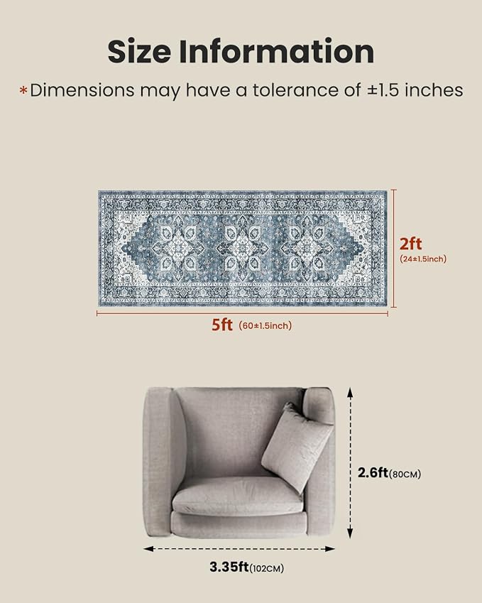 AMADA HOMEFURNISHING 2x5 Washable Runner Rug, Low-Profile Kitchen Rugs with Non-Slip Backing & Durable Edge Binding, Vintage Entryway Runner Rug for Bedroom & Hallway