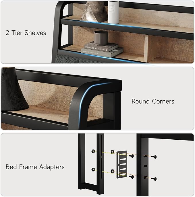 King Headboard Only with Storage, Charging Station, Black & Brown | Upholstered Headboards for King Size Bed with LED Light, Height Adjustable, Sturdy and Stable Headboard