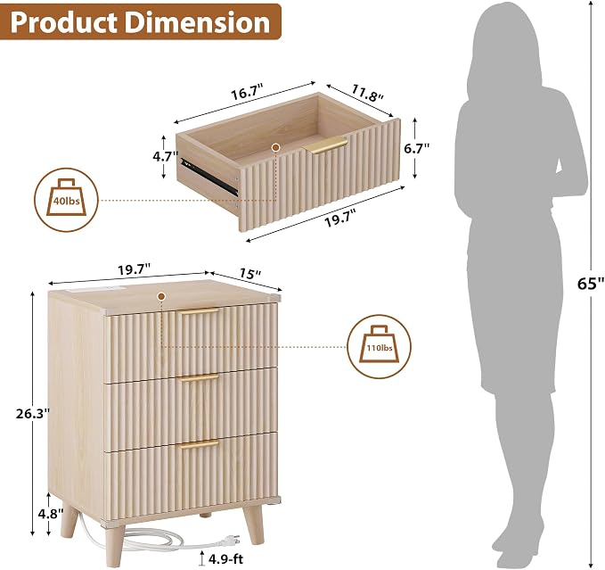 Wood Nightstands Set of 2 w/Charging Station, 3 Drawers Fluted Dresser | Natural, Large Drawers, Metal Silent Rails, FSC Wooden, Sturdy Legs, Modern Fluted Panel, Living Room, Bedside Table