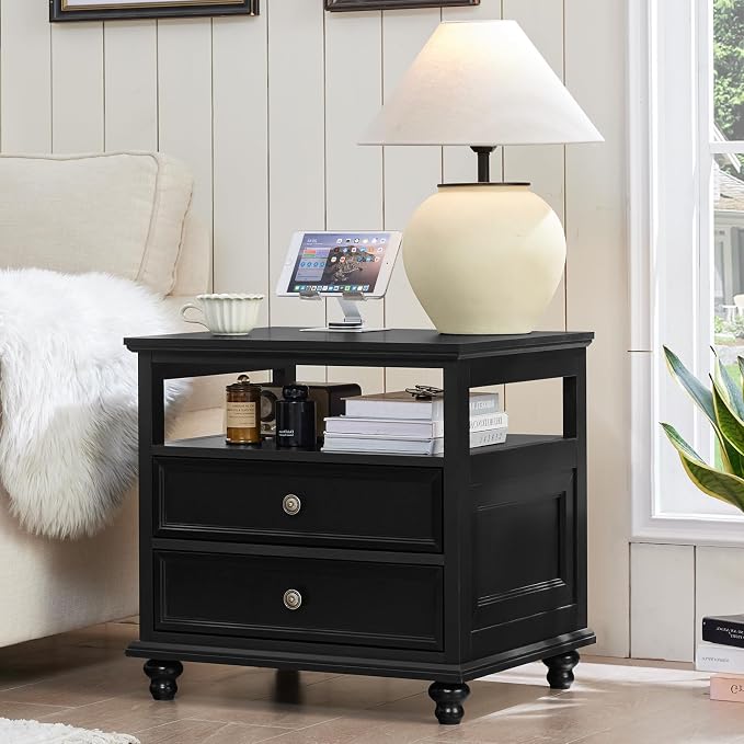 Joaxswe Farmhouse Nightstand with Charging Station, 24" Wide End Table with 2 Drawers, Black Dresser for Bedroom, Bed Side Table Chest of Drawers Cabinet,Wood Night Stand for Living Room, Closet
