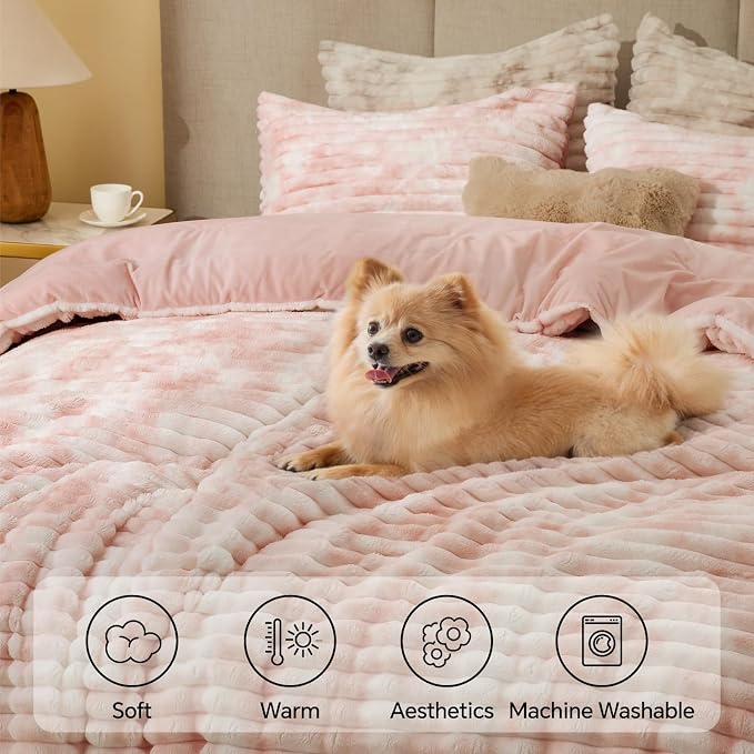 BEDELITE Fleece Twin/Twin XL Comforter Set, Fluffy Bed Set, Pink&White | Super Soft & Warm Bedding, Luxury Fuzzy Faux Fur Comforter for Winter, Heavy Plush Bedding, with 1 Pillowcase