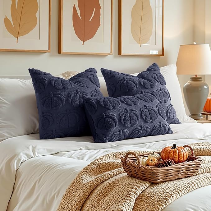 MIULEE Fall Pillow Covers Pumpkin Fall Decor 20x20 Navy Blue | Set of 2 Fall Decorations for Home, Plush Faux Fur Farmhouse Accent Pillowcases, Porch Sofa Couch Cushion Bed Livingroom