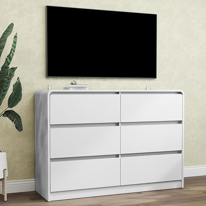 Vibe & Dine White 6 Drawer Dresser for Bedroom, Modern Wooden Dressers & Chests of Drawers with Arc Edge Design, 47" Wide Dresser for Closet, Living Room, Entryway