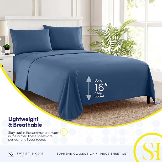 King Size Sheets - Breathable Luxury Bed Sheets with Full Elastic & Secure Corner Straps Built In - 1800 Supreme Collection Extra Soft Deep Pocket Bedding Set, Sheet Set, King, Denim