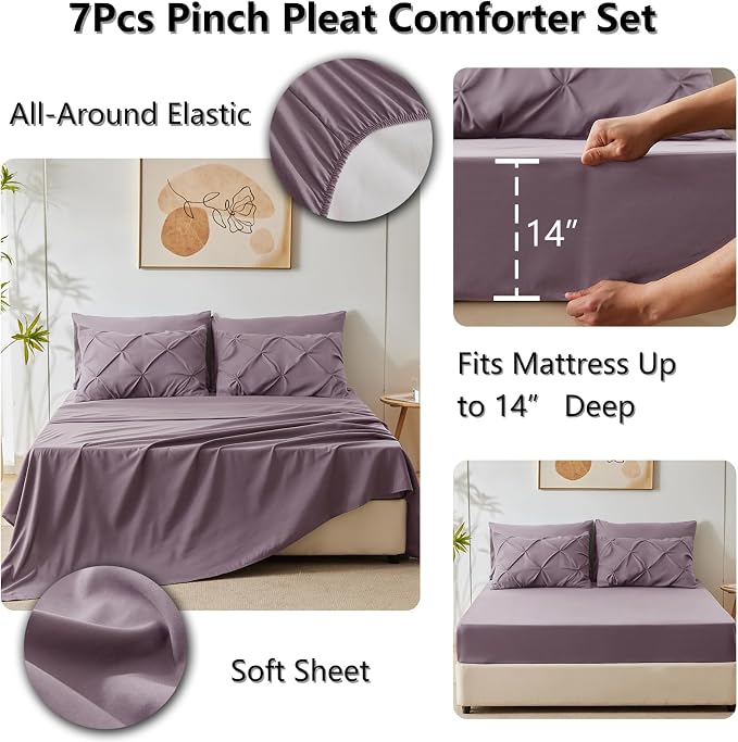 HIMEET King Size Comforter Set Dusty Purple - 7 Pieces Pintuck Bed in a Bag | OEKO-TEX Certified, 240GSM Down Alternative Comforter, 14" Deep Pocket Fitted Sheet + Flat Sheet + 2 Pillowcases + 2 Shams