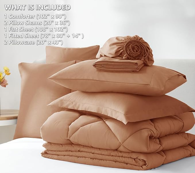 King Size Comforter Set Pumpkin - 7 Pieces Complete Bedding Set | OEKO-TEX Certified, All Season, 240GSM Down-Alternative Comforter, Sheets, Pillowcases & Shams, 14" Deep Pocket, Easy Care