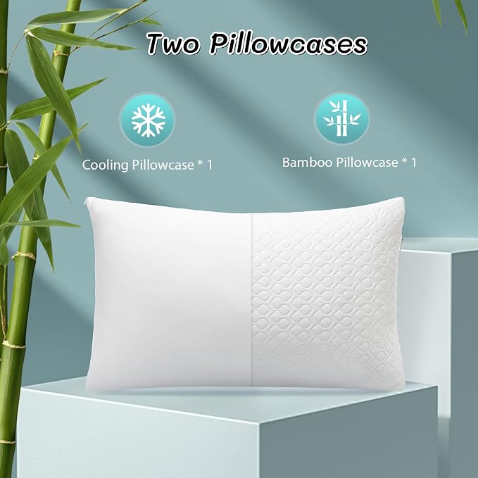 Memory Foam Pillows Queen Size Set of 2 - Adjustable Bed Pillows for Side Back Stomach Sleepers - with Washable Cooling Pillowcase (White, Queen 2-Pack)