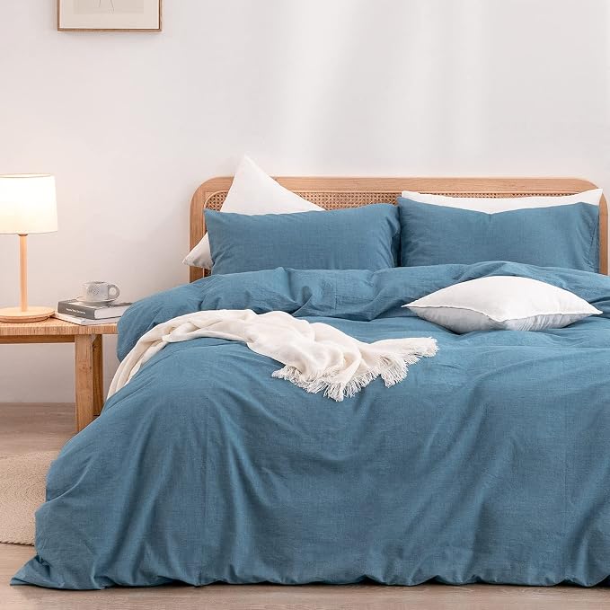 BESTOUCH Cotton Solid Duvet Cover Set Linen Feel Dark Blue Queen | 100% Washed Cotton, Soft Wrinkle Texture, Hidden Zipper, 8 Ties, Breathable Lightweight Durable Comfy, 3 Pcs No Insert