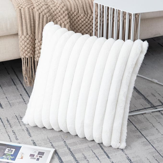 ZLINA Cream White Striped Faux Fur Throw Pillow Covers 16 x 16 Inch | 2‑Pack, boho striped pillow covers,velvet back,fuzzy plush cushion covers , for sofa bed livingroom home decor