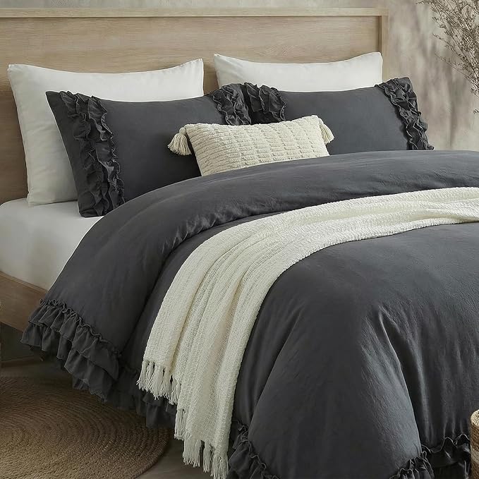 Dark Grey Ruffled Duvet Cover Queen Boho Bedding Set Gary Ruffle Fringe Shabby Chic Bedding Super Soft Cozy Farmhouse Duvet Cover Set for All Season
