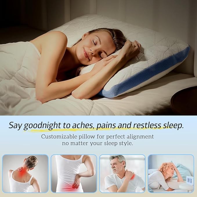 BETU Cooling Pillows Queen Size Set of 2, Shredded Memory Foam Cool Pillows for Hot Sleepers, Adjustable Firm Soft Support Bed Pillows Perfect for Back Neck Pain and Side Sleeping with Cover, Blue
