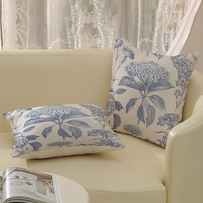 Vintage Blue Pillow Covers 16x16 Inch 2 Pcs Boho Floral Decor Throw Pillows Hydrangea Flower Seasonal Outdoor Farmhouse Neutral Accent Decoration Pillowcase Linen Cushion Cover for Couch