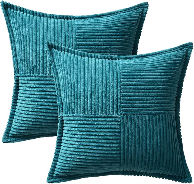 MIULEE Decorative Throw Pillow Covers for Couch 16x16 Inch Teal Blue 2 Pack | Boho Broadside Striped Patchwork Pillow Covers, Soft Corduroy Cushion Cases, For Sofa Bed Livingroom Home Decor