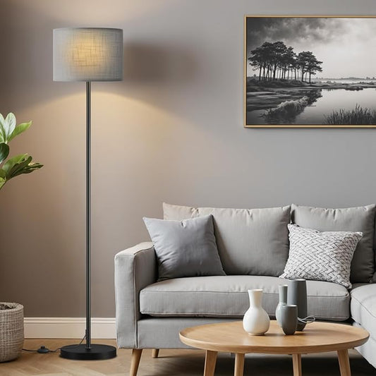 60'' Modern Floor Lamp with Shade, Tall Lamps for Living Room, Bedroom, Office, Dining Room, Linen Grey Shade with Black Pole(Without Bulb)