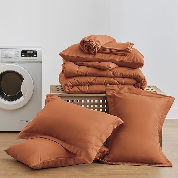 Love's cabin King Size Comforter Set Terracotta, 7 Pieces King Bed in a Bag, All Season Bedding Sets with 1 Comforter, 1 Flat Sheet, 1 Fitted Sheet, 2 Pillowcase and 2 Pillow Sham