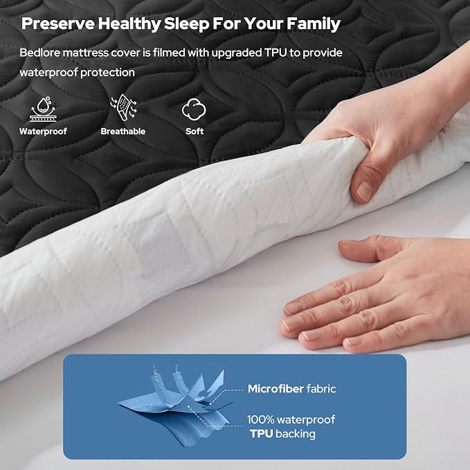 BEDLORE Waterproof Mattress Protector, RV Queen Size Mattress Pad Noiseless | Deep Pockets Fit 6"-18" Mattresses, Soft Breathable Dirt-proof Bed Mattress Cover Washable for Home, Bedroom, Hotel (Black)