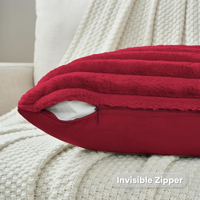 FUTEI Pack of 2 Faux Fur Throw Pillow Covers 20x20 Inch, Retro Red | Fluffy Faux Rabbit Fur Front/Premium Velvet Back,Hidden Zipper,Machine Washable,Non-Shedding,Colorfast,Insert Not Included.