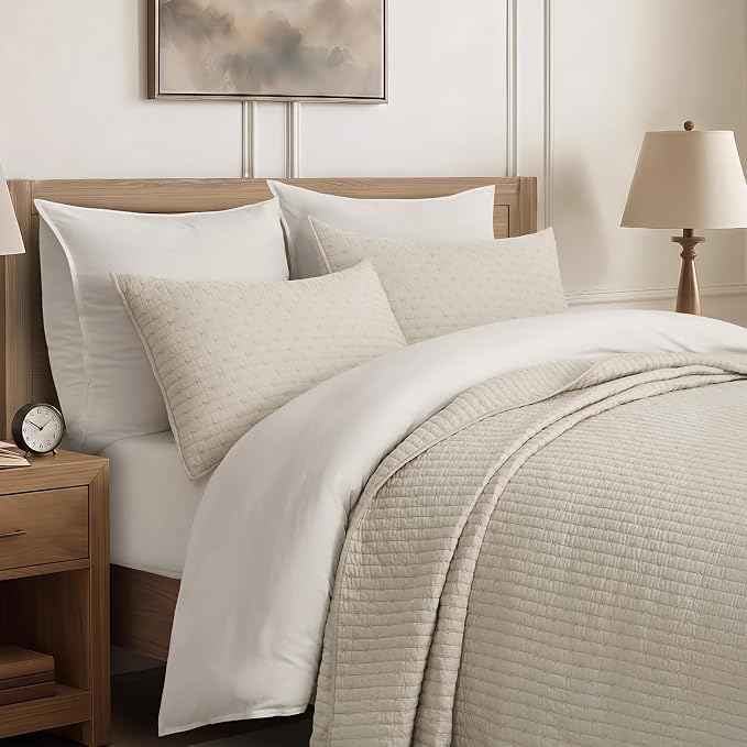 Cross Stitch Pre-Washed Cotton Quilt Bedding Set Queen Size, Oversized 3 Pieces Lightweight Bedspread Coverlet for All Season, with 2 Matching Shams, Birch, 92"x96"