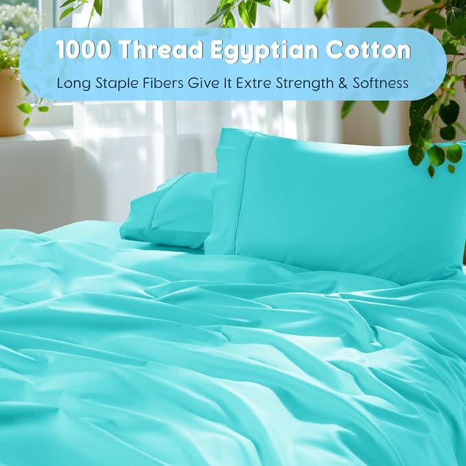 SONORO KATE 1000 Series 100% Egyptian Cotton Cal King Sheet Set,4 Pieces | Soft,Breathable Long Staple,Sateen Weave,Luxury 5-Star Hotel Bed Sheets,16" Deep Pocket,Seafoam