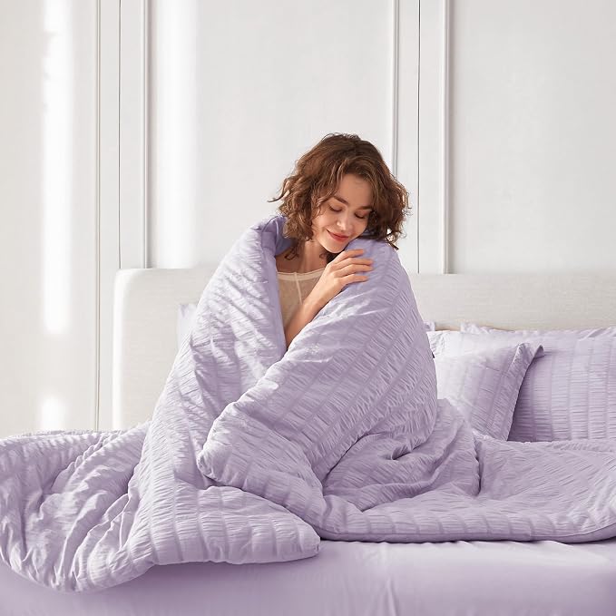 5 Pieces Twin XL Comforter Set, Seersucker Bed in a Bag Twin XL Size, All Season Luxury Bedding Set with Comforter, Flat Sheet, Fitted Sheet, Pillowcase & Sham, Lavender