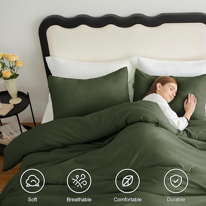 King Comforter Set, 3 Pieces Down Alternative Bedding, Olive Green | 270 GSM All Season Comforter with 4 Corner Ties for Use as a Duvet Insert, OEKO-TEX Certified, 2 Pillowcases, 102 x 90 in