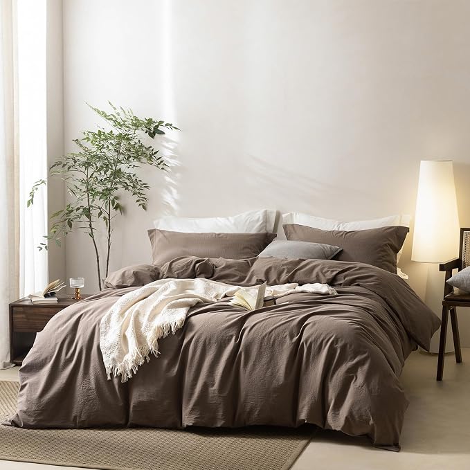 BDEAR 3Pcs Light Chocolate Brown Duvet Cover Set Super Queen Size 98 x 90 | 100% Washed Cotton, 1 Duvet Cover with 2 Pillowcases, Zipper Closure, OEKO TEX Standard,8 Corner Ties,Linen-Liked Texture