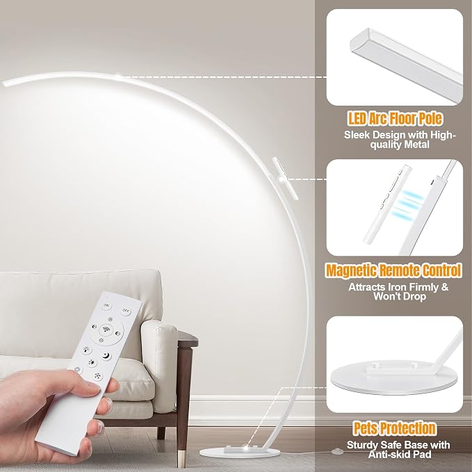 2000LM Ultra-Wide Coverage LED Lamps for Living Room with 3 Color Temperatures, White Dimmable Arc Floor Lamps, Modern Standing Tall Lamp with Remote Control Reading Floor Lamp for Bedroom Office