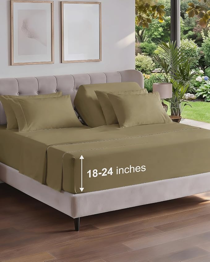 CGK Unlimited Extra Deep Flex Top Split Head King Sheet Set - 6 Piece Breathable and Cooling Sheets - Hotel Luxury Bedding for Women, Men, Kids & Teens - Easy Secure Fit - Extra Deep Pockets - Khaki