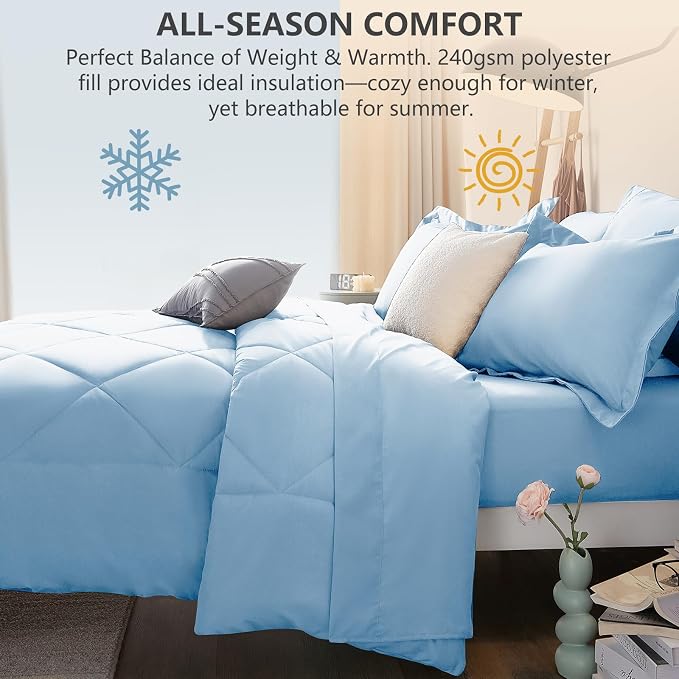 King Size Comforter Set Baby Blue - 7 Pieces Complete Bedding Set | OEKO-TEX Certified, All Season, 240GSM Down-Alternative Comforter, Sheets, Pillowcases & Shams, 14" Deep Pocket, Easy Care