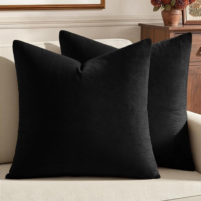 MIULEE 26x26 Inch Pack of 2 Euro Velvet Throw Pillow Covers Black | Soft Solid Decorative Euro Sham, Modern Luxury Home Decor, for King Bed Sofa Couch Bedroom Livingroom