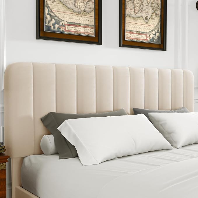 VECELO Queen Size Upholstered Bed Frame with 4 Drawers and Headboard, Velvet Platform Storage Bedframe, Wooden Slats Support, No Box Spring Needed, Beige