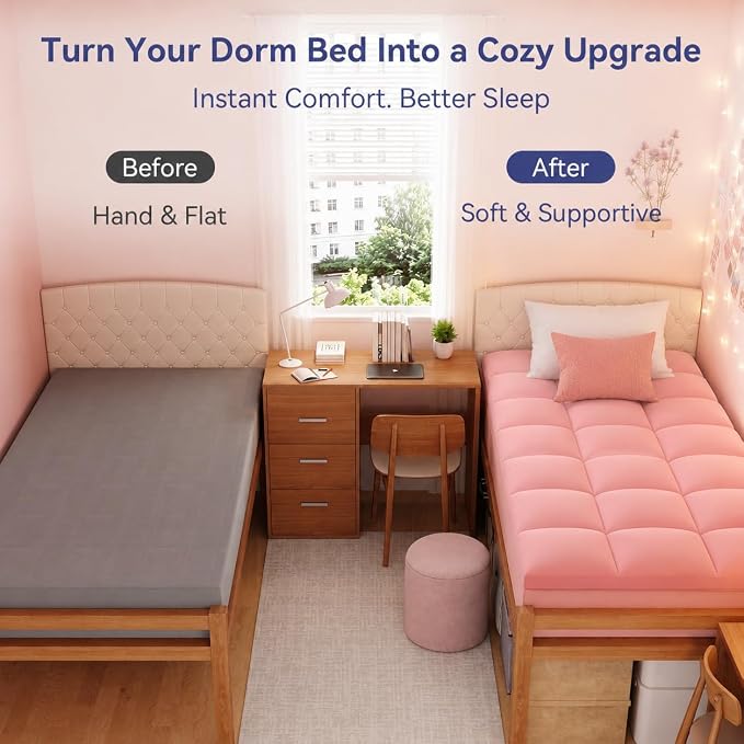 ELEMUSE Twin XL Mattress Topper for Dorm, Plush Pillow Top Bed Pad | Pink college dorm essential with plush comfort, designed for Twin XL beds in dorm rooms, and back to school upgrade