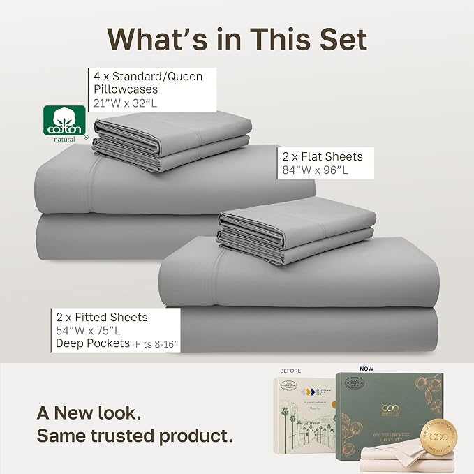 California Design Den 2 Pack 600 Thread Count Full Bed Sheets Sets | 100% Cotton Sateen Backed by Good Housekeeping Seal, Soft & Smooth, 16" Deep Pocket, All-Around Elastic - Light Grey